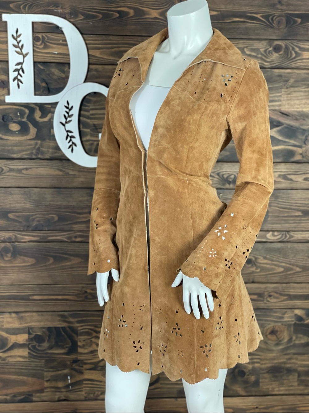Arden B | Scalloped Suede Leather Trench Coat in Camel Tan Laser Cut Floral